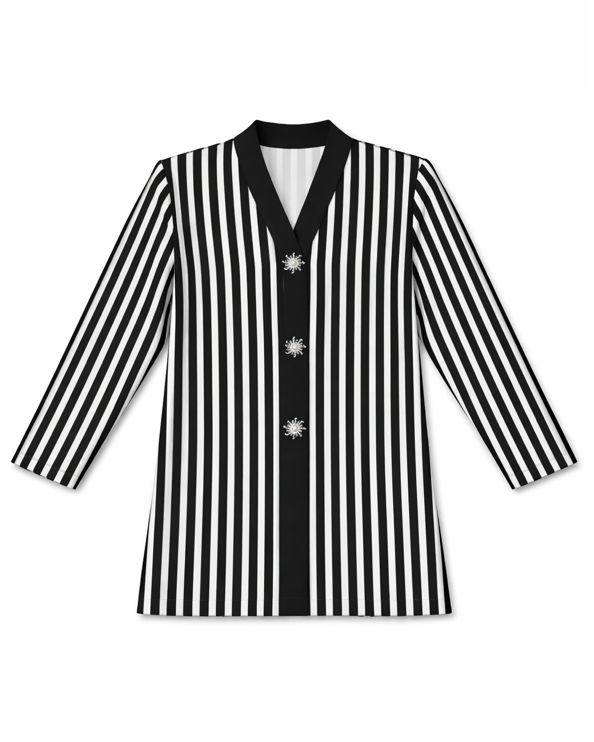 tunique élégance rayé noir blanc vue de face sur fond neutre avec boutons décoratifs